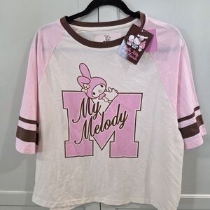 Hello Kitty My Melody Sanrio Cropped Jersey T NWT Large Pink White & Brown